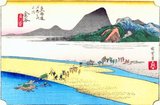 Kanaya: Beyond the wide sandy flats of the river, across which a daimyo's cortège is being carried, rises a jumble of foot hills, in a crevice of which nestles a village. In the background a high range of curiously hump-shaped mountains, printed in graded black from colour-blocks only; golden sky at the top. A panoramic view of the landscape accentuates the expansive flat plain of the dry river bed. A variety of travellers attempt to wade across the river with the help of porters.<br/><br/>

Utagawa Hiroshige (歌川 広重, 1797 – October 12, 1858) was a Japanese ukiyo-e artist, and one of the last great artists in that tradition. He was also referred to as Andō Hiroshige (安藤 広重) (an irregular combination of family name and art name) and by the art name of Ichiyūsai Hiroshige (一幽斎廣重).<br/><br/>

The Tōkaidō (東海道 East Sea Road) was the most important of the Five Routes of the Edo period, connecting Edo (modern-day Tokyo) to Kyoto in Japan. Unlike the inland and less heavily travelled Nakasendō, the Tōkaidō travelled along the sea coast of eastern Honshū, hence the route's name.