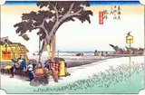 Fukuroi: Coolies resting by a wayside shelter, while a large kettle, hung from the branch of a tree, is boiling; a woman stirs the fire, while a coolie lights his pipe at it. Close against the tree stands a road direction post, and on the right is a bird perched upon a wayside noticeboard; behind are rice fields, at the edge of which stands the village.<br/><br/>

In this vicinity the highway passed through desolate fields and it was uncomfortable to journey along during the summer months. However, this district was renowned for its strong winds in winter when kite flying was a popular local pastime.<br/><br/>

Utagawa Hiroshige (歌川 広重, 1797 – October 12, 1858) was a Japanese ukiyo-e artist, and one of the last great artists in that tradition. He was also referred to as Andō Hiroshige (安藤 広重) (an irregular combination of family name and art name) and by the art name of Ichiyūsai Hiroshige (一幽斎廣重).<br/><br/>

The Tōkaidō (東海道 East Sea Road) was the most important of the Five Routes of the Edo period, connecting Edo (modern-day Tokyo) to Kyoto in Japan. Unlike the inland and less heavily travelled Nakasendō, the Tōkaidō travelled along the sea coast of eastern Honshū, hence the route's name.