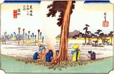 Hamamatsu: A party of coolies warming themselves by a bonfire beside a large tree, a traveller, with a pipe in hand, looking on, and a peasant woman carrying a child on her back, approaching from the right. Bare, flat rice-fields, across which stand the castle and village in the background. This plate depicts a wintry rural scene on the outskirts of Hamamatsu Station. The village and Hamamatsu Castle are visible in the distance. Hiroshige always depicted travellers and local people appropriate to the landscape and setting.<br/><br/>

Utagawa Hiroshige (歌川 広重, 1797 – October 12, 1858) was a Japanese ukiyo-e artist, and one of the last great artists in that tradition. He was also referred to as Andō Hiroshige (安藤 広重) (an irregular combination of family name and art name) and by the art name of Ichiyūsai Hiroshige (一幽斎廣重).<br/><br/>

The Tōkaidō (東海道 East Sea Road) was the most important of the Five Routes of the Edo period, connecting Edo (modern-day Tokyo) to Kyoto in Japan. Unlike the inland and less heavily travelled Nakasendō, the Tōkaidō travelled along the sea coast of eastern Honshū, hence the route's name.