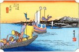 Arai: A large ferry boat, with an awning round it, taking a daimyo across from Maisaka, followed by a smaller boat with his retainers. A high range of hills on the further shore; golden sky.<br/><br/>

Travellers made the journey from Maisaka to Arai Station by ferryboat. On the shore was a government barrier station for the inspection of travellers. The compound remains largely intact even today.<br/><br/>

Utagawa Hiroshige (歌川 広重, 1797 – October 12, 1858) was a Japanese ukiyo-e artist, and one of the last great artists in that tradition. He was also referred to as Andō Hiroshige (安藤 広重) (an irregular combination of family name and art name) and by the art name of Ichiyūsai Hiroshige (一幽斎廣重).<br/><br/>

The Tōkaidō (東海道 East Sea Road) was the most important of the Five Routes of the Edo period, connecting Edo (modern-day Tokyo) to Kyoto in Japan. Unlike the inland and less heavily travelled Nakasendō, the Tōkaidō travelled along the sea coast of eastern Honshū, hence the route's name.